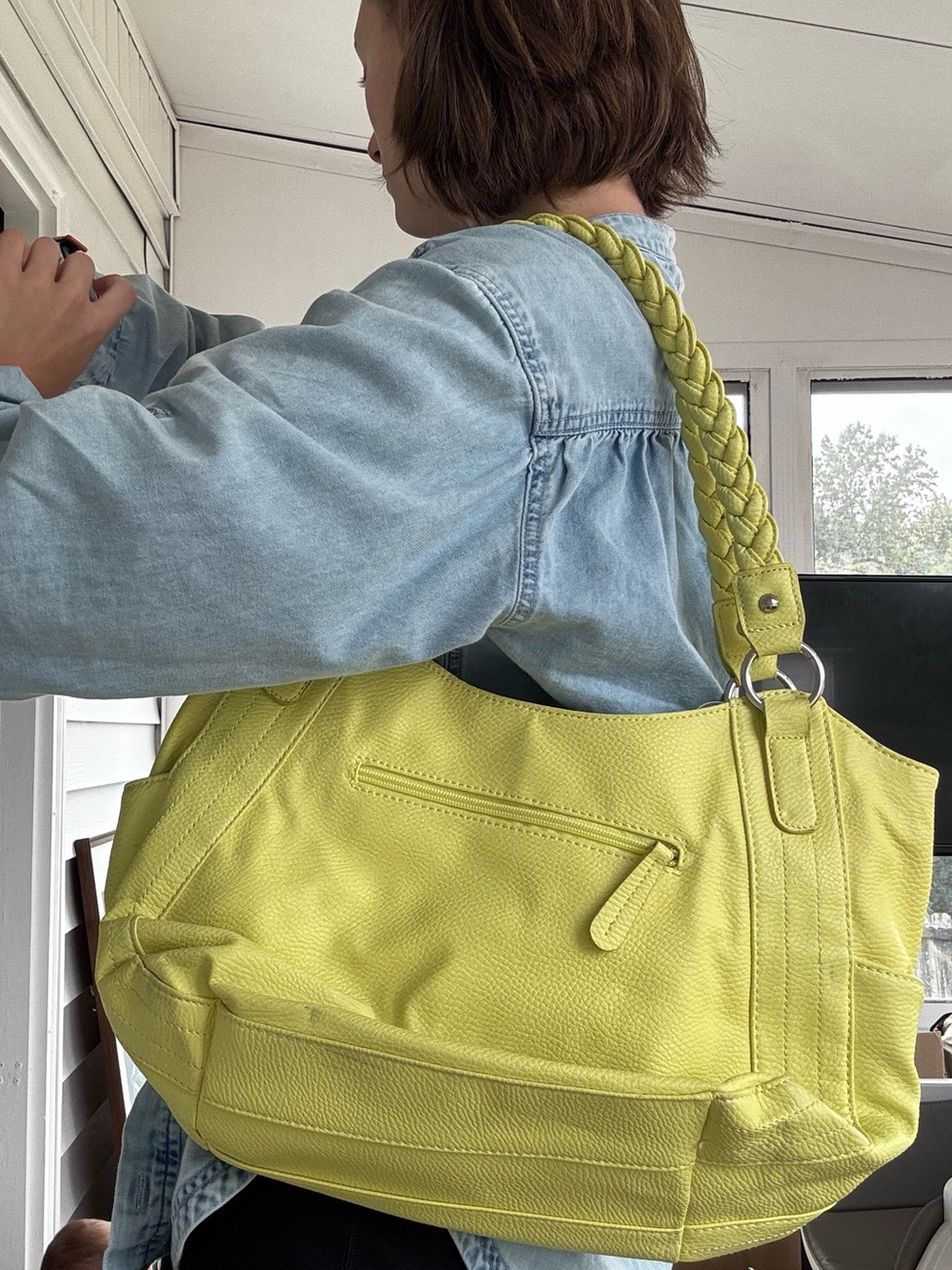 Braided-Handle Shoulder Bag in Chartreuse